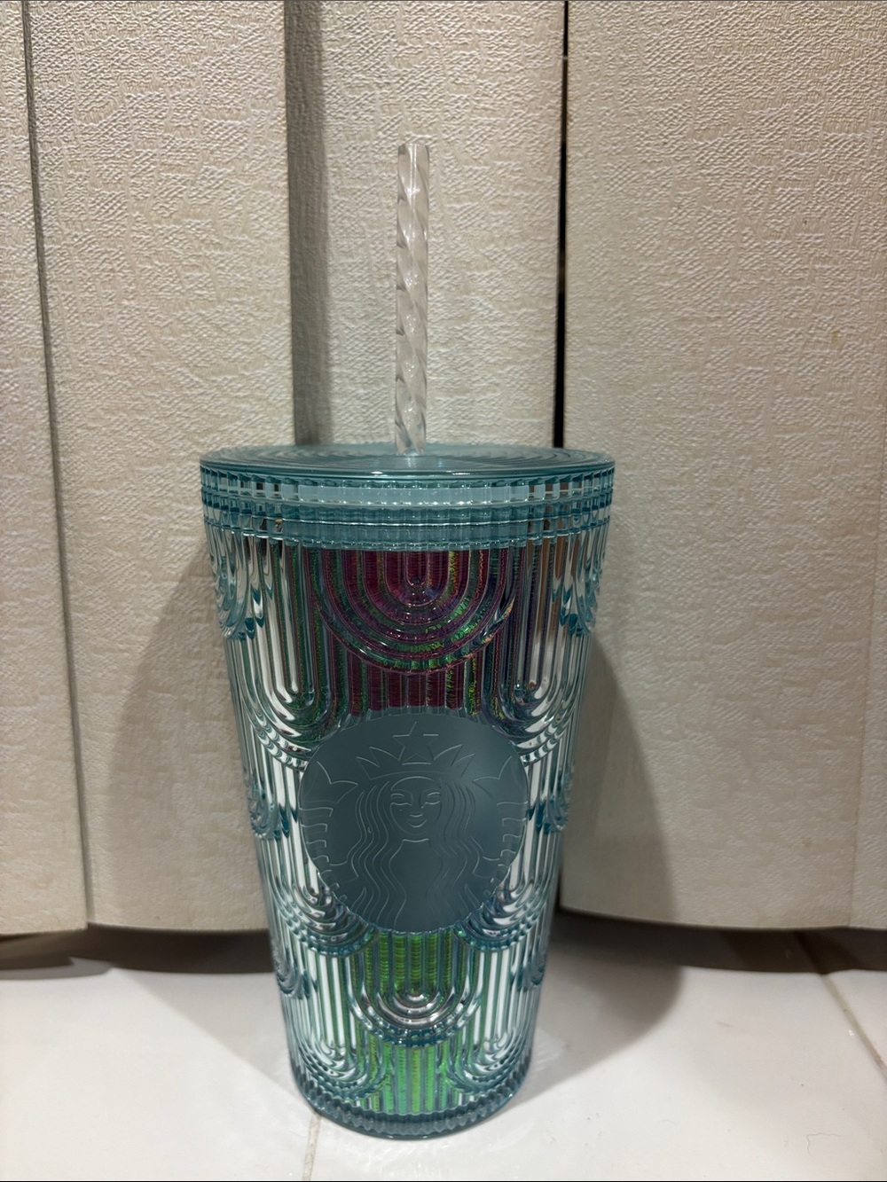 Starbucks Aqua Iridescent Textured Cold Cup with Twisted Straw